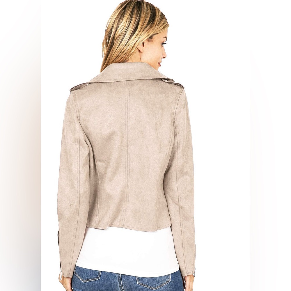 Suede Taupe Beige Blazer Jacket Sz S Minimalist Business Casual Zip Pockets - Picture 11 of 12